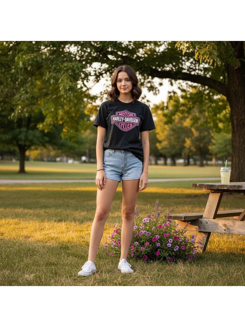 Girls Harley-Davidson Black Pink Logo Short Sleeve Tee Shirt L